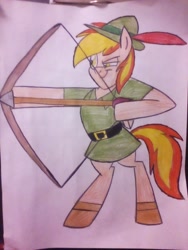 Size: 1920x2560 | Tagged: safe, artist:tanahgrogot, imported from derpibooru, oc, oc:firey ratchet, pegasus, arrow, bipedal, bow (weapon), bow and arrow, clothes, colored sketch, cosplay, costume, disney, drawing, hat, male, robin hood, sketch, stallion, weapon