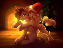 Size: 2847x2204 | Tagged: safe, artist:itssim, imported from derpibooru, oc, oc only, earth pony, pony, unicorn, blurry background, chest fluff, christmas, christmas tree, commission, cute, duo, duo male and female, earth pony oc, eyebrows, eyes closed, female, fireplace, fluffy, hat, high res, holiday, horn, hug, indoors, leg fluff, male, mare, oc name needed, ocbetes, one eye closed, open mouth, open smile, santa hat, sitting, smiling, stallion, tree, unicorn oc, unshorn fetlocks