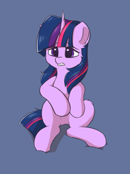 Size: 1397x1868 | Tagged: safe, artist:hcl, imported from derpibooru, twilight sparkle, pony, unicorn, blue background, simple background, sitting, solo, unicorn twilight