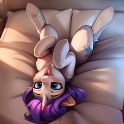 Size: 2880x2880 | Tagged: safe, artist:cherubisous, editor:unsauceballs, imported from derpibooru, rarity, pony, unicorn, ai content, ai generated, bed, bedsheets, blushing, female, g4, generator:stable diffusion, mare, open mouth, remix, solo, spread legs, spreading, tongue out, upside down