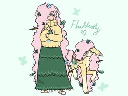 Size: 4000x3000 | Tagged: safe, artist:mushroombuttons1, imported from derpibooru, fluttershy, human, pegasus, pony, alternate hairstyle, blushing, clothes, converse, earmuffs, female, flower, flower in hair, gritted teeth, human ponidox, humanized, leaf, mare, markings, raised hoof, raised leg, redesign, self paradox, self ponidox, shoes, skirt, stick, sweater, sweatershy, teeth, unshorn fetlocks