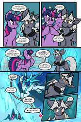 Size: 1567x2351 | Tagged: safe, artist:virmir, imported from twibooru, twilight sparkle, oc, oc:snowmare doom, oc:virmare, alicorn, pony, unicorn, comic:so you've become a pony villain, antagonist, cape, clothes, comic, dialogue, female, image, looking at each other, mare, png, twilight sparkle (alicorn)