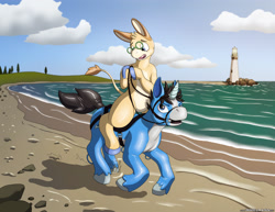 Size: 3300x2550 | Tagged: safe, artist:immelmann, artist:suddenlytsumi, imported from twibooru, oc, oc only, donkey, latex pony, original species, pony, rubber pony, semi-anthro, unicorn, beach, cloud, duo, featureless crotch, glasses, image, latex, latex skin, lighthouse, male, needs more jpeg, oc name needed, pale belly, reins, riding a pony, rubber, running, saddle, signature, stallion, tack, unshorn fetlocks