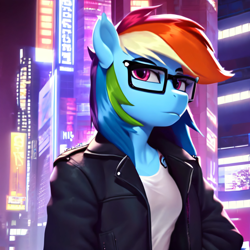 Size: 3072x3072 | Tagged: safe, imported from derpibooru, rainbow dash, anthro, ai content, ai generated, clothes, dystopia, future, glasses, jacket, leather, leather jacket, neon, night, pose, prompter:frw, shirt, solo