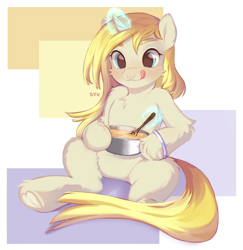 Size: 4617x4752 | Tagged: safe, artist:syu, imported from derpibooru, oc, oc:banana pancakes, fluffy pony, unicorn, adorable face, baking, big eyes, blonde hair, blonde mane, blue eyes, blushing, bracelet, commission, cute, ear fluff, fluffy, food, hooves, jewelry, licking, licking lips, looking at something, magic, pancakes, shiny, simple background, sitting, solo, spoon, tongue out