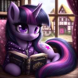 Size: 1024x1024 | Tagged: safe, imported from ponybooru, twilight sparkle, pony, unicorn, ai content, ai generated, alternate cutie mark, bing, book, clothes, female, hoodie, mare, necronomicon, pillow, ponyville, prone, unicorn twilight, window