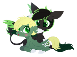 Size: 3199x2383 | Tagged: safe, artist:belka-sempai, imported from derpibooru, oc, oc only, oc:eytlin, oc:inex code, pegasus, pony, sphinx, biting, blushing, colored wings, colored wingtips, duo, duo male and female, female, male, pegasus oc, simple background, sphinx oc, tail, transparent background, two toned mane, two toned tail, two toned wings, wings