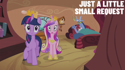 Size: 2000x1125 | Tagged: safe, edit, edited screencap, editor:quoterific, imported from derpibooru, screencap, discord, princess cadance, twilight sparkle, alicorn, three's a crowd, bed, golden oaks library, twilight sparkle (alicorn)