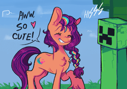 Size: 813x572 | Tagged: safe, artist:kreeeeeez, imported from derpibooru, sunny starscout, pony, creeper (minecraft), female, g5, hissing, minecraft, this will end in death, too dumb to live