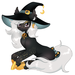 Size: 2500x2500 | Tagged: safe, artist:timser_, imported from derpibooru, oc, oc only, oc:lunabelle, pony, derpibooru community collaboration, 2024 community collab, black fur, dark eyes, digital art, ear fluff, female, full body, hat, makeup, mare, ribbon, save, simple background, sitting, solo, stars, tail, transparent background, white hair, witch hat