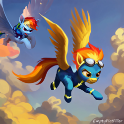 Size: 3072x3072 | Tagged: safe, edit, editor:emptyplotfiller, imported from derpibooru, rainbow dash, spitfire, pegasus, fanfic:crossing the trixie bridge:a new life in the crystal empire, ai assisted, ai content, ai generated, clothes, cloud, crystal empire, g4, generator:stable diffusion, uniform, wonderbolts uniform