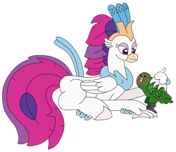 Size: 2720x2334 | Tagged: safe, artist:supahdonarudo, imported from derpibooru, queen novo, bird, classical hippogriff, hippogriff, parrot, series:novoember, my little pony: the movie, kakapo, lying down, petting, prone, simple background, transparent background