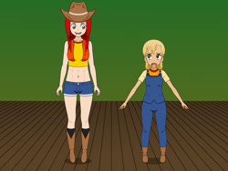Size: 828x621 | Tagged: source needed, safe, artist:technopagan9, imported from derpibooru, apple bloom, applejack, human, equestria girls, age swap, boots, child, clothes, cowboy boots, cowboy hat, denim, female, hat, high heel boots, humanized, jacket, jeans, kisekae, pants, role reversal, shirt, shoes, shorts, socks, vest