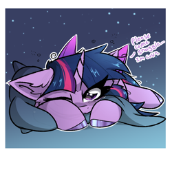 Size: 2000x2000 | Tagged: safe, artist:jubyskylines, imported from derpibooru, twilight sparkle, alicorn, pony, bed mane, colored hooves, cute, dialogue, ear fluff, floppy ears, looking at you, lying down, one eye closed, pillow, prone, sleepy, solo, twiabetes, twilight sparkle (alicorn)