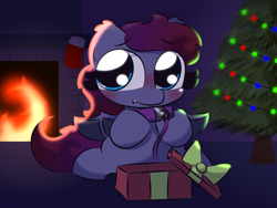 Size: 3200x2400 | Tagged: safe, artist:cushyhoof, imported from derpibooru, oc, oc only, bat pony, pony, 4:3, blushing, christmas, christmas gift, christmas tree, collar, cute, cute little fangs, fangs, fire, fireplace, holiday, looking at you, phone drawing, solo, tree
