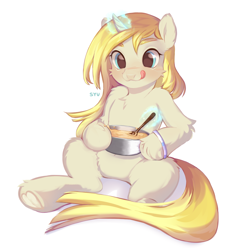 Size: 4617x4752 | Tagged: safe, artist:syu, imported from derpibooru, oc, oc:banana pancakes, unicorn, absurd resolution, adorable face, baking, belly, big eyes, blonde hair, blonde mane, blue eyes, blushing, bracelet, commission, cute, ear fluff, fluffy, food, hoof heart, hooves, jewelry, leg fluff, licking, licking lips, looking at something, magic, ocbetes, pancakes, shiny, simple background, sitting, solo, spoon, tongue out, underhoof, upside-down hoof heart, white background