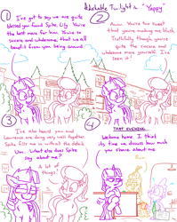 Size: 4779x6013 | Tagged: safe, artist:adorkabletwilightandfriends, imported from derpibooru, lily, lily valley, moondancer, spike, twilight sparkle, alicorn, comic:adorkable twilight and friends, adorkable, adorkable twilight, angry, blushing, crossed legs, cute, dork, downtown, ear blush, embarrassed, friendship, g4, happy, kitchen, necktie, outdoors, ponyville, sitting, smiling, suitcase, sweat, sweatdrop, twilight sparkle (alicorn), upset