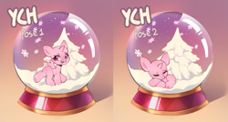 Size: 4903x2632 | Tagged: safe, artist:sugarstar, imported from derpibooru, pony, chibi, commission, cute, looking back, sleeping, snow, snow globe, snowflake, your character here