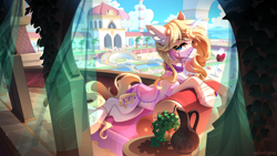 Size: 3000x1687 | Tagged: safe, artist:redchetgreen, imported from derpibooru, oc, oc only, pony, unicorn, alcohol, bridge, building, clothes, cloud, female, food, glass, grapes, horn, magic, mare, minaret, see-through, solo focus, stairs, telekinesis, tree, unicorn oc, wine, wine glass