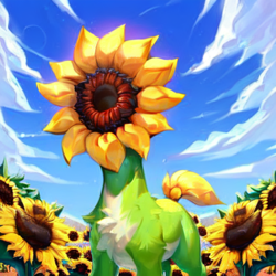Size: 512x512 | Tagged: safe, generator:ponydiffusion, imported from derpibooru, monster pony, original species, plant pony, ai content, ai generated, blue sky, flower, generator:stable diffusion, not salmon, plant, prompter:natjo, sunflower, wat