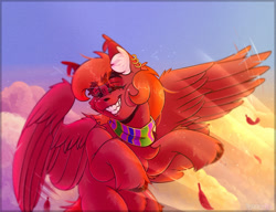 Size: 2189x1683 | Tagged: safe, artist:rozzyro, imported from derpibooru, oc, oc only, fluffy pony, original species, pegasus, atmosphere, blue background, clothes, cloud, cute, ear piercing, female, flying, happy, orange hair, piercing, pink background, red fur, scarf, shading, simple background, sky, smiley face, smiling, sunset, sunshine