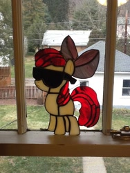 Size: 720x960 | Tagged: safe, imported from derpibooru, apple bloom, earth pony, pony, female, filly, foal, photo, solo, stained glass (irl), sunglasses