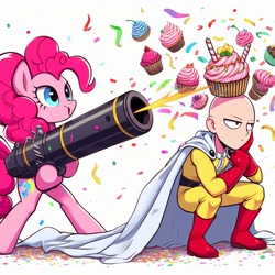 Size: 1024x1024 | Tagged: safe, imported from derpibooru, pinkie pie, earth pony, human, pony, ai content, ai generated, bipedal, candle, cannon, confetti, crossover, cupcake, female, food, one punch man, party, party cannon, prompter:meshari7, saitama, solo