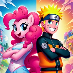 Size: 1024x1024 | Tagged: safe, imported from derpibooru, pinkie pie, anthro, earth pony, human, pony, ai content, ai generated, anime, crossed arms, crossover, female, grin, happy, headband, male, naruto, open mouth, open smile, prompter:meshari7, smiling, solo, uzumaki naruto