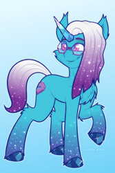 Size: 2000x3000 | Tagged: safe, artist:shad0w-galaxy, imported from derpibooru, pony, unicorn, auroricorn, chest fluff, comet (g5), crystal horn, cute, disguise, ear fluff, ethereal mane, fluffy, g5, glasses, high res, hooves, horn, male, raised hoof, simple background, smiling, solo, stallion, starry mane, starry tail, tail, unshorn fetlocks