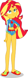 Size: 1504x4070 | Tagged: safe, artist:dustinwatsongkx, imported from derpibooru, sunset shimmer, human, equestria girls, 2d, apple, applejack's beach shorts swimsuit, beach shorts swimsuit, belly button, clothes, clothes swap, feet, female, food, g4, geode of super strength, hand on hip, jewelry, legs, magical geodes, midriff, necklace, sandals, simple background, smiling, solo, swimsuit, swimsuit swap, transparent background