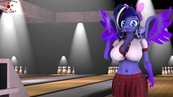 Size: 1920x1080 | Tagged: safe, artist:krasny noctali, oc, oc only, oc:woona sparkle, anthro, 3d, bowling alley, breasts, clothes, female, solo