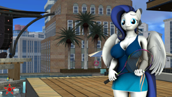 Size: 1280x720 | Tagged: safe, artist:krasny noctali, oc, oc only, anthro, 3d, breasts, clothes, looking at you, tennis racket