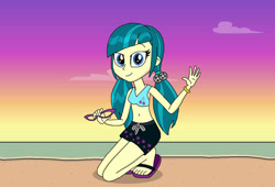 Size: 1024x697 | Tagged: safe, artist:emeraldblast63, juniper montage, beach, bikini, blue bikini, blue bikini top, blue swimsuit, clothes, glasses, glasses off, pigtails, swimsuit