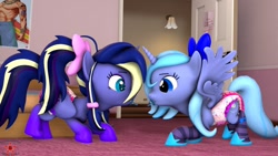 Size: 1920x1080 | Tagged: safe, artist:krasny noctali, oc, oc only, oc:lulu star moonie, oc:woona sparkle, anthro, 3d, breasts, diaper, diaper fetish, fetish, looking at each other, non-baby in diaper, pacifier