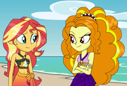 Size: 1024x697 | Tagged: safe, artist:emeraldblast63, adagio dazzle, sunset shimmer, equestria girls, beach, bikini, clothes, crossed arms, purple bikini, purple swimsuit, sunset shimmer's beach shorts swimsuit, swimsuit