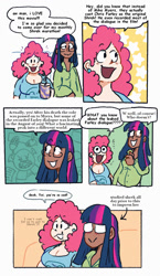 Size: 841x1451 | Tagged: safe, artist:punkittdev, imported from derpibooru, pinkie pie, twilight sparkle, human, blush lines, blushing, breasts, busty pinkie pie, cleavage, comic, crazy straw, dialogue, drink, duo, duo female, fat, female, g4, glasses, humanized, light skin, moderate dark skin, pudgy pie, shrek, sitting, smiling, speech bubble