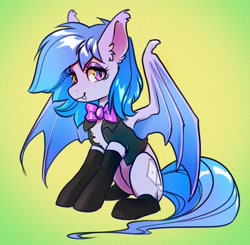 Size: 3052x2985 | Tagged: safe, artist:opalacorn, imported from derpibooru, oc, oc only, oc:lucky roll, bat pony, pony, bat pony oc, bat wings, bowtie, clothes, commission, female, gradient background, looking at you, mare, smiling, smiling at you, socks, solo, vest, wings