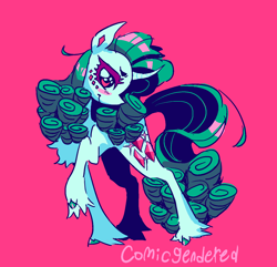 Size: 1440x1390 | Tagged: safe, artist:missugarpink, imported from derpibooru, rarity, pony, unicorn, alternate color palette, alternate cutie mark, alternate design, blushing, chest fluff, colored eyelashes, colored hooves, curved horn, facial markings, female, green hair, horn, mare, pink background, raised hoof, simple background, solo, standing, unshorn fetlocks