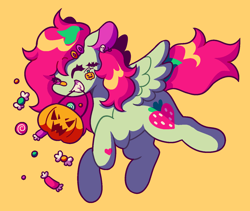 Size: 1472x1242 | Tagged: safe, artist:missugarpink, imported from derpibooru, oc, oc only, pegasus, pony, bandaid, bandaid on nose, candy, commission, ear piercing, earring, female, food, hairclip, jewelry, mare, orange background, piercing, pumpkin bucket, simple background, solo, ych result