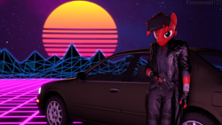Size: 3840x2160 | Tagged: safe, artist:fireemerald123, imported from derpibooru, oc, oc only, oc:page feather, anthro, 3d, car, clothes, gun, handgun, jacket, leather, leather jacket, revolver, solo, source filmmaker, trenchcoat, vaporwave, voidpunk, watermark, weapon