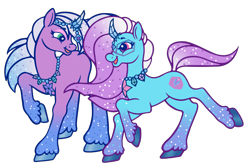 Size: 6000x4000 | Tagged: safe, artist:wtfponytime, imported from derpibooru, pony, auroricorn, comet (g5), duo, g2, g5, g5 to g2, generation leap, horn, horn jewelry, jewelry, looking at each other, looking at someone, necklace, prancing, smiling, sparkles, sparkly hooves, sparkly mane, sparkly tail, tail, unshorn fetlocks, violet frost, walking