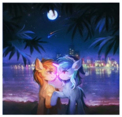 Size: 2048x1959 | Tagged: safe, artist:dearmary, imported from derpibooru, oc, oc only, earth pony, pony, unicorn, christmas, city, duo, ear fluff, female, freckles, full moon, glowing, glowing horn, hat, holding hooves, holiday, horn, lesbian, looking at each other, looking at someone, moon, night, oc x oc, santa hat, shipping, shooting star, stars