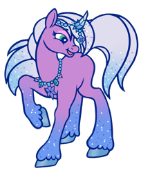 Size: 3263x4000 | Tagged: safe, artist:wtfponytime, imported from derpibooru, pony, auroricorn, g2, g5, g5 to g2, generation leap, horn, horn jewelry, jewelry, looking at someone, necklace, simple background, smiling, solo, sparkles, sparkly hooves, sparkly mane, sparkly tail, tail, transparent background, unshorn fetlocks, violet frost
