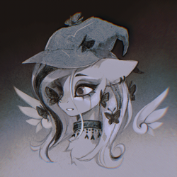 Size: 2000x2000 | Tagged: safe, artist:dearmary, imported from derpibooru, fluttershy, butterfly, insect, pegasus, pony, bust, butterfly on nose, choker, ear piercing, earring, emoshy, eyeshadow, female, floating wings, floppy ears, g4, gradient background, grayscale, halftone, hat, insect on nose, jewelry, makeup, mare, monochrome, piercing, running makeup, solo, spread wings, wings, witch hat