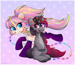 Size: 4398x3826 | Tagged: safe, artist:madelinne, imported from derpibooru, oc, oc:bijou butterfly, oc:madelinne, earth pony, christmas, christmas lights, clothes, duo, earth pony oc, happy, holiday, jewelry, necklace, sitting, socks