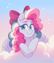 Size: 1744x2051 | Tagged: safe, artist:skysorbett, imported from derpibooru, oc, oc only, oc:sky sorbet, pegasus, bow, cloud, curly hair, curly mane, cute, eyebrows, female, hair bow, looking at you, mare, multicolored hair, multicolored mane, on a cloud, pegasus oc, sky, smiling, smiling at you, solo, sparkles, wings