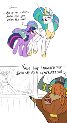 Size: 1800x3300 | Tagged: safe, artist:rocket-lawnchair, imported from derpibooru, prince rutherford, princess celestia, twilight sparkle, pony, unicorn, yak, 2 panel comic, comic, dialogue, female, high res, looking at each other, looking at someone, mare, simple background, unicorn twilight, white background