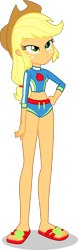 Size: 1250x4024 | Tagged: safe, alternate version, artist:dustinwatsongkx, imported from derpibooru, applejack, equestria girls, applejack's beach shorts swimsuit, applejack's hat, clothes, cowboy hat, feet, female, g4, hat, lidded eyes, sandals, simple background, solo, swimsuit, transparent background