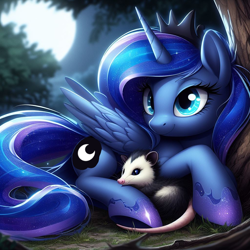 Size: 1024x1024 | Tagged: safe, imported from derpibooru, princess luna, tiberius, alicorn, opossum, pony, ai content, ai generated, blurry background, crown, duo, ethereal mane, female, full moon, g4, generator:dall-e 3, hoof shoes, jewelry, lying down, mare, moon, night, pet, prompter:tyto4tme4l, regalia, snuggling, starry mane, starry tail, tail, tree