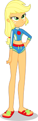 Size: 1220x3823 | Tagged: safe, alternate version, artist:dustinwatsongkx, imported from derpibooru, applejack, equestria girls, applejack's beach shorts swimsuit, clothes, feet, female, g4, lidded eyes, sandals, simple background, solo, swimsuit, transparent background